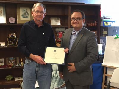 Bluefield State College. Senator Swope (left) is pictured receiving a Certificate of Appreciation from Dr. Ted Lewis (BSC Provost) prior to his program.