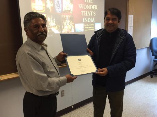 Fulbright Visiting Scholar Maneesh Pandeya (right) receives a certificate of appreciation from Dr. Sudhakar Jamkhandi, Coordinator of International Initiatives at Bluefield State College, prior to a recent presentation at BSC.