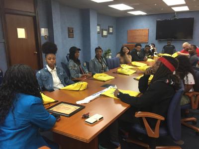 -Eleven students from the Maya Angelou Public Charter School in Washington, DC visited Bluefield State College campus. Pictured (foreground) is Dr. Jo-Ann Robinson, BSC VP for Admissions & Enrollment Management, who spoke to the students before their tour of campus.
