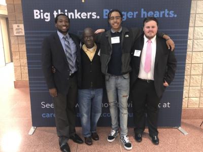 Bluefield State College students Robert Brown (left), Ahmad Jeffries (third from left) and Jacob Webster (right) are pictured with BSC faculty member Dr. Albert Berkoh (second from left) at the Enactus Fall Collaboration Summit in Atlanta, GA.