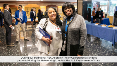 Four Bluefield State College students attended the 2021 U.S. State Department HBCU Foreign Policy Conference, which was held virtually because of the COVID-19 pandemic.  Pictured at last year's Conference is BSC student Beverly Owensby Briggs (left) with a US State Department representative during the 2020 annual U.S. State Department Foreign Policy. Conference.