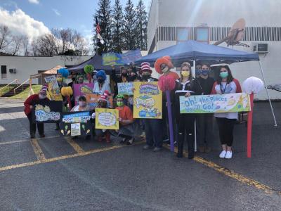 Brushfork Elementary School and Bluefield State College Education faculty and students are pictured just before the start of a recently presented Dr. Seuss-themed drive-by parade for Brushfork students.