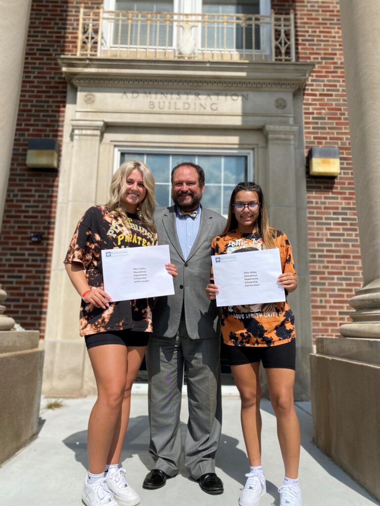 Bluefield State College’ Katrina Davis and Ashlie Louden are the first recipients of the Ohio Valley Educational Opportunity Scholarship program.  Bluefield State Provost Dr. Ted Lewis announced the scholarship program’s creation earlier this month in Wheeling.  The College will provide $250,000 to students from the Ohio Valley to attend Bluefield State.