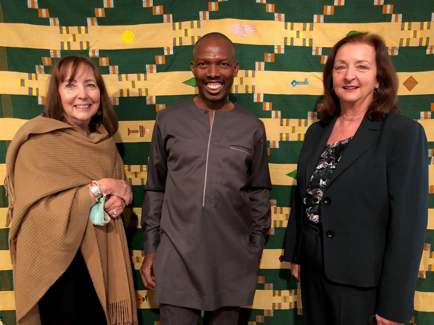 Chapuchi Bobbo Ahiagble, (center), a Master Weaver from Ghana with Dr. Bonnie Reese (left), BSC Associate Professor of Communications, and Dr. Tamara Ferguson, Interim Dean/BSC School of Education, Humanities, and Social Sciences, are pictured with one of his numerous cloth artwork creations on display at the College’s Hebert Gallery.