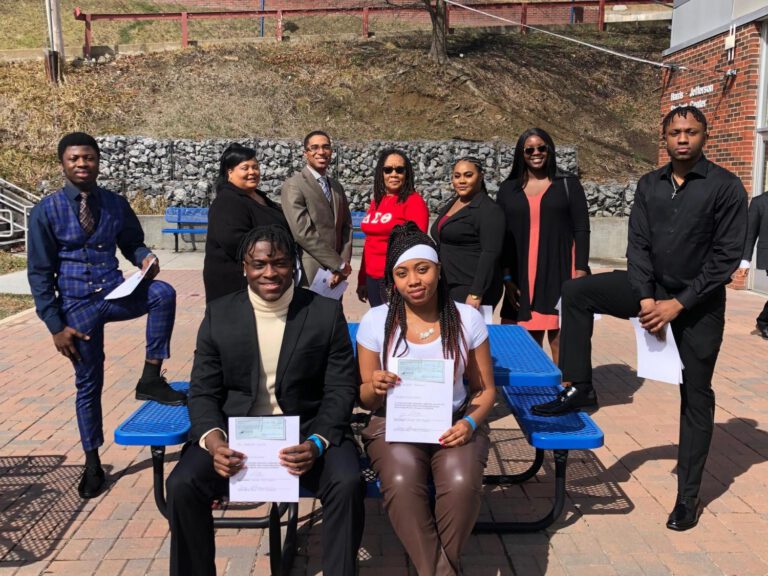 The first recipients of the “Terry Thompson and John Cardwell” scholarships are pictured at the recent Hatter Hall Scholarship Luncheon at Bluefield State College.  They are (seated, left-to-right) Damien Lynch, Aziyah Jackson, (standing, left-to-right) Michael Acheampong, Michelle Lawson, Kashif Alston, Terry Thompson (BSC retiree for whom, with John Cardwell, the scholarship was named), Patrice Sterling, Nia Lumpkins, and Desmond Freeman.  BSC alumna Tosin and Yesimii Falasinnu pledged $100,000 to create 